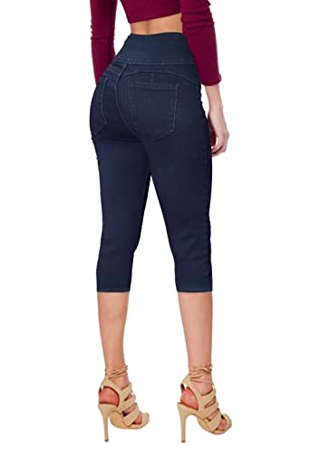 Women Butt Lift 3 Button High Wide Waist Stretch Denim Skinny Capri