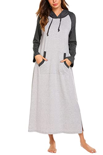 Ekouaer Sleepwear Women Long Sleeve Hooded Nightgown Contrast Color Full Length Loungewear with Pocket S4XL