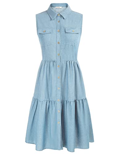 GRACE KARIN Women39s Summer Casual Button Down Denim Chambray Dress Sleeveless A Line Tiered Dress Cardigan Coat Dress