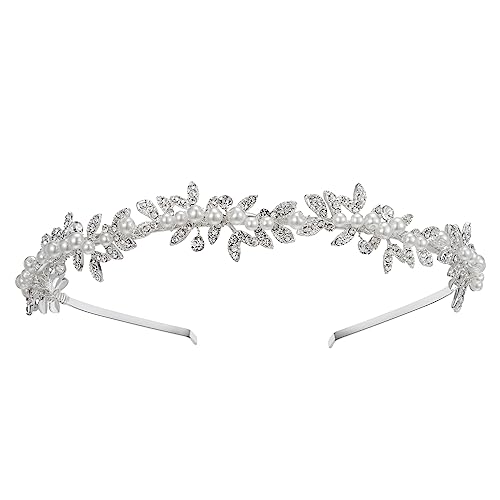 SWEETV Rhinestone Bridal Headband Gold Crystal Tiara for Women Pearl Wedding Headpieces for Bride Hair Accessories for Prom Birthday Party