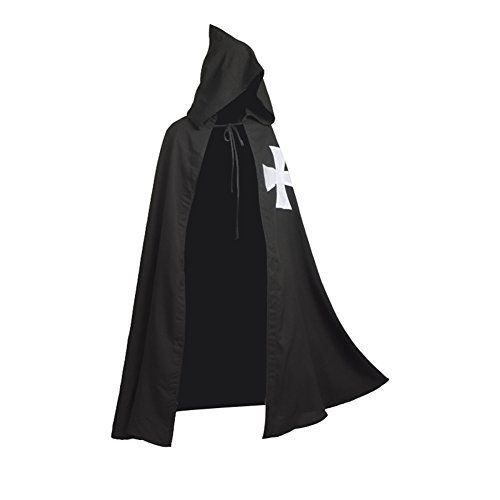 BLESSUME Black LARP Cape with White Cross and Mediaeval Knights Hospitaller Cloak