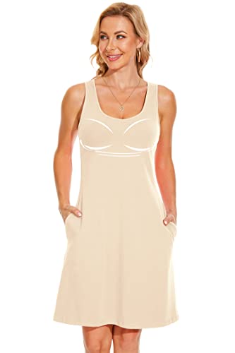 TAIPOVE Women Cotton Nightgowns Built in Bra with Pockets Slips Under Dresses Lounge Sleep Wear Casual Long Night Shirts