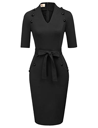 Women Vintage Short Sleeve Slim Fit Belted Business Pencil Dress