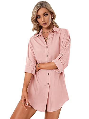 AnnaKaci Women Long Sleeve Button Down Shirt Dress Blouse Tunic Shirt Mini Dress Blouse