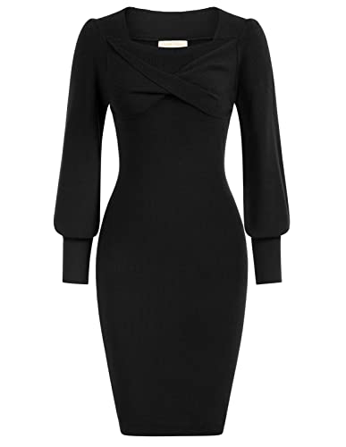 Women39s Twist Front Square Neck Bodycon Sweater Dress Fall Winter Ribbed Knit Midi Sweater Dress