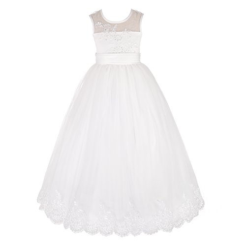 Dressy Daisy Girls Ivory White Flower Girl Dress with Lace Embroidery for Wedding Party and Special Occasion Ankle Length