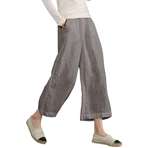 ECUPPER Womens Casual Loose 100 Linen Elastic Wasit Ankle Pants Plus Size Cropped Trousers