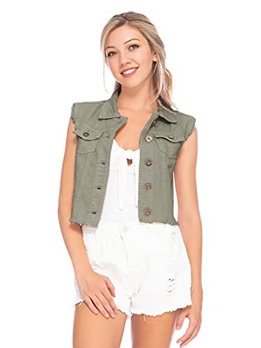 AnnaKaci Distressed Denim Sleeveless Crop Button Vest for Women