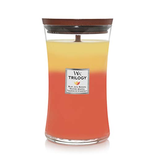 WoodWick Trilogy Tropical Sunrise  Blue Java Banana Seaside Mimosa Tamarind and Stonefruit Scented Crackling Wooden Wick Hourglass Candle in Clear Glass Jar Large  215 Oz