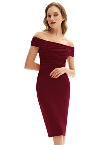 Belle Poque Womens Vintage Off Shoulder V Neck Bodycon Pencil Dress Short Sleeve Homecoming Bodycon Dress Work Cocktail