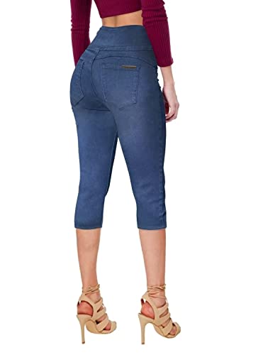 Women Butt Lift 3 Button High Wide Waist Stretch Denim Skinny Capri