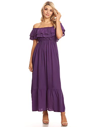 AnnaKaci Bohemian Peasant Ruffle Stretch Long Dress with Short Sleeves