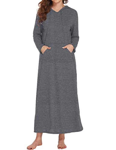 Ekouaer Women39s Hooded Nightgown Long Sleeve Sleepshirts Winter Sleepwear Warm Loungewear Dress