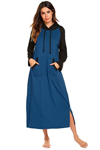 Ekouaer Sleepwear Women Long Sleeve Hooded Nightgown Contrast Color Full Length Loungewear with Pocket S4XL