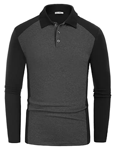 Men39s Long Sleeve Color Block Polo Shirts Fashion Vintage Casual Golf Shirts