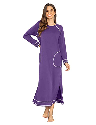 Ekouaer Women39s Nightshirt Long Sleeve Nightgown Round Neck Sleepwear Full Length Pajama Dress with Pockets Loungewear SXXL
