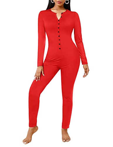 Ekouaer Adult Button Onesie Pajamas Bandage One Piece Long Sleep Romper Pajama Bodysuit Jumpsuit Bodycon XSXXL