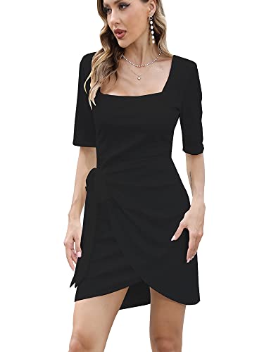 oxiuly Women39s Wrap Square Collar Ruched Club Party Mini Casual Dress Chic Church Dinner Bodycon Dresses OX367