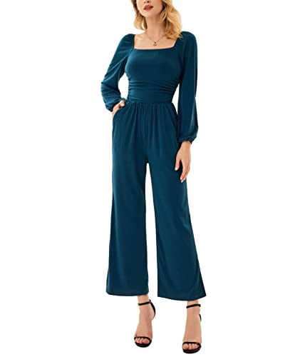 GRACE KARIN Women Casual Square Neck Long Sleeve Wide Leg Jumpsuits with Pockets