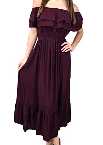 AnnaKaci Bohemian Peasant Ruffle Stretch Long Dress with Short Sleeves