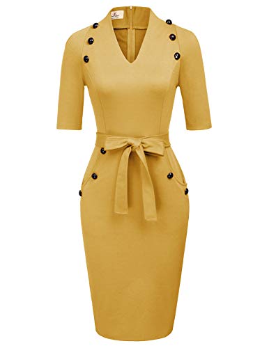 Women Vintage Short Sleeve Slim Fit Belted Business Pencil Dress