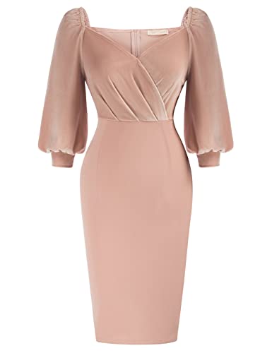 Belle Poque Women Velvet Dress Lantern Sleeve Wrap Neck Cocktail Pencil Dress