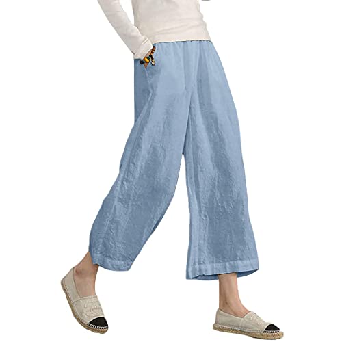 ECUPPER Womens Casual Loose 100 Linen Elastic Wasit Ankle Pants Plus Size Cropped Trousers