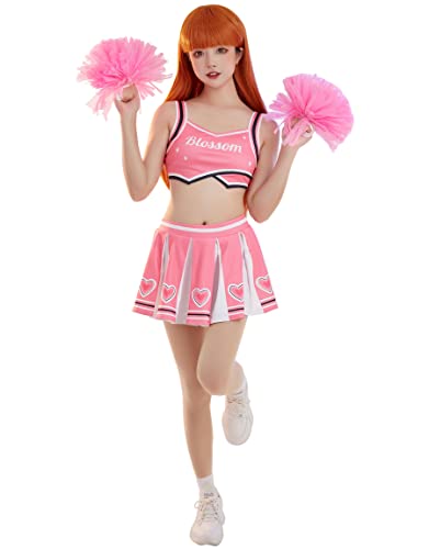 Miccostumes Womens Cheerleader Costume Heart Pattern Crop Top and Skirt Set with Poms