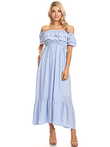 AnnaKaci Bohemian Peasant Ruffle Stretch Long Dress with Short Sleeves