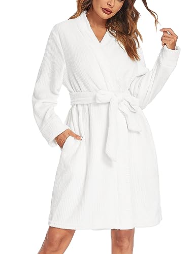 Ekouaer Women Fleece Bathrobe Plush Short Robe Long Sleeve Robe Attached Belt Soft Sleepwear Ladies Loungewear SXXL