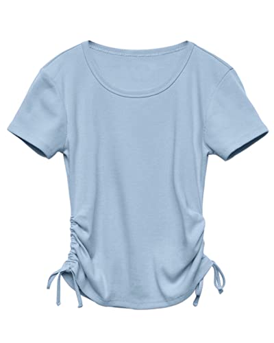 Imily Bela Girls Tops Crew Neck Short Sleeve Cute Side Drawstring Casual T Shirts Light Blue