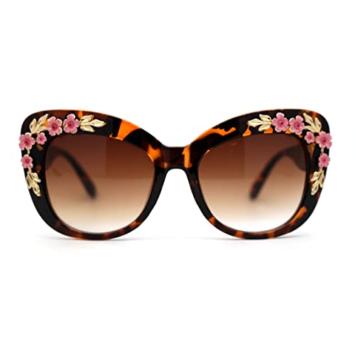 Womens Metal Flower Foliage Jewel Brow Trim Oversize Cat Eye Sunglasses