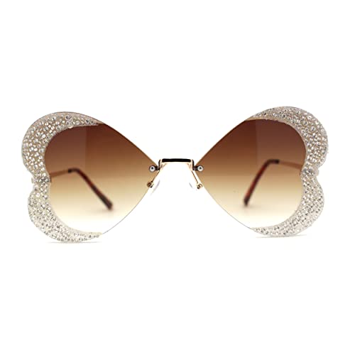 Womens Heavy Sparkle Rhinestone Heart Butterfly Rimless Sunglasses