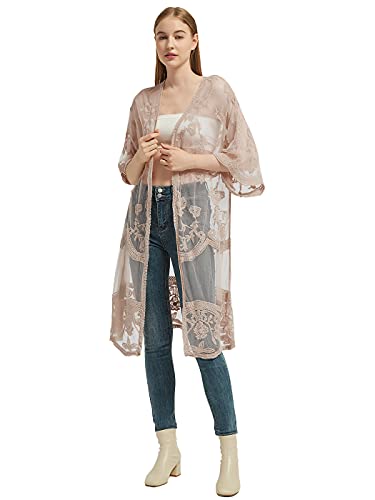 AnnaKaci Womens Long HalfSleeve Embroidered Lace Kimono Cardigan