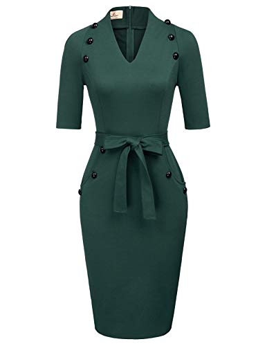 Women Vintage Short Sleeve Slim Fit Belted Business Pencil Dress