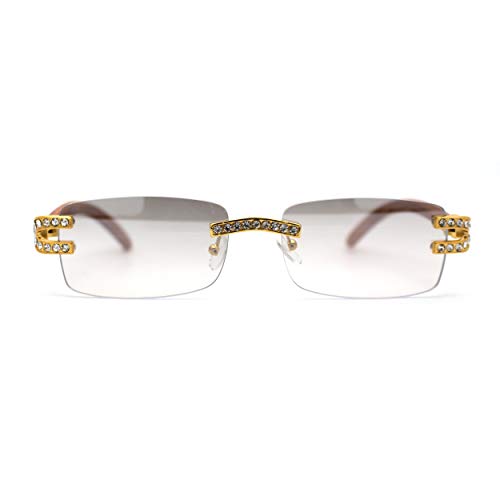 Luxury Rhinestone Stud Rimless Rectangle 90s Rapper Sunglasses Gold Light Brown Grey Clear