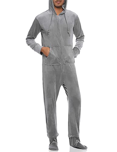 Ekouaer Men Onesies Fleece One Piece Footed Pajamas Plush Christmas Onesies Adult Full Zip Jumpsuit with Hoodie