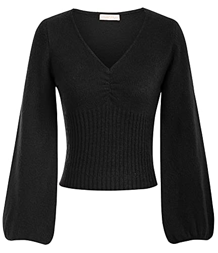 Belle Poque Women Cropped Lantern Sleeve V Neck Pullover Sweater Knit Casual Top