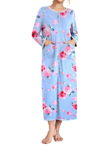 Ekouaer Women Long House Coat Zipper Front Robes Full Length Nightgowns with Pockets Striped Loungewear S4XL