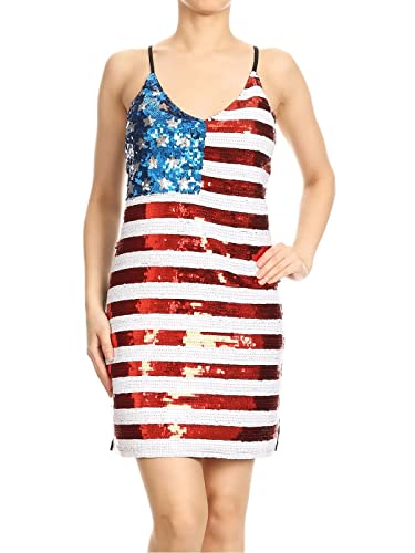 AnnaKaci Sleeveless Patriotic Spaghetti Strap Dress with USA Flag Sequins