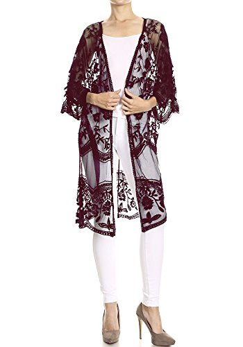 AnnaKaci Womens Long HalfSleeve Embroidered Lace Kimono Cardigan