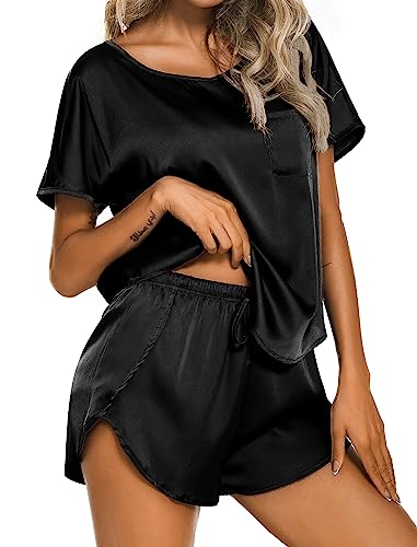 Ekouaer Womens Silk Satin Pajamas Set Short Sleeve Top and Shorts TwoPiece Pjs Silky Sleepwear Nightwear