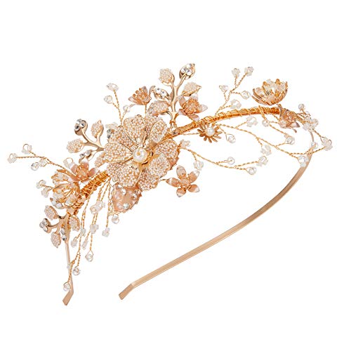 SWEETV FlowerLeaf Bridal Headband Gold Crystal Tiara for Women Pearl Wedding Headpieces for Bride Hair Accessories for Prom Birthday Party