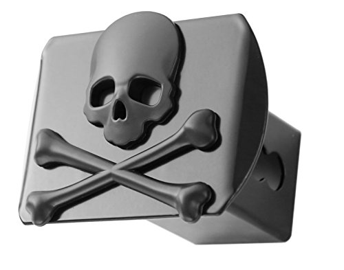 Black trailer hitch cover with a skull and crossbones design in 3D metal for 2 receivers is brand new and made of 100 metal