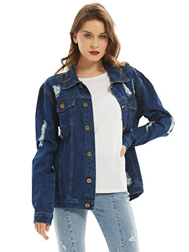 AnnaKaci Women Long Sleeve Oversize Denim Jacket Ripped Distressed Boyfriend Jean Coat