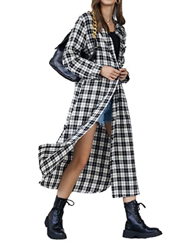 Ekouaer Women39s Flannel Plaid Nightgowns Cotton Long Sleeve Sleepwear Button Down Midi Sleepshirts with Pockets