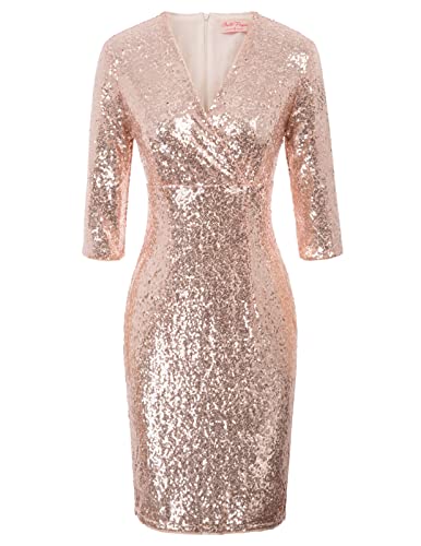 Belle Poque Vintage 50s Sequin Pencil Dress V Neck Glitter Dresses for Women