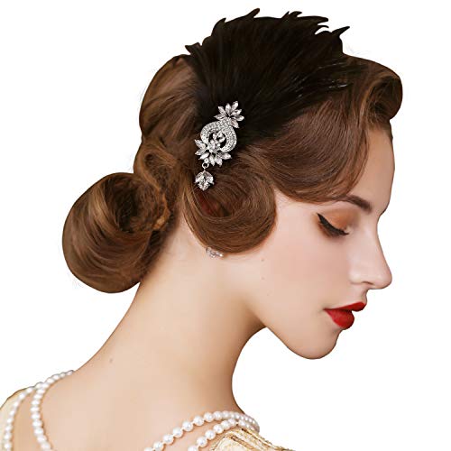 SWEETV 1920s Feather Headpiece Flapper Headband Roaring 20s Hair Accessories Great Gatsby Hair Clip Black