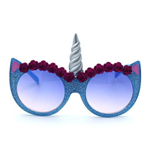 Girls Child Size Flower Trim Unicorn Kitty Ear Plastic Round Sunglasses