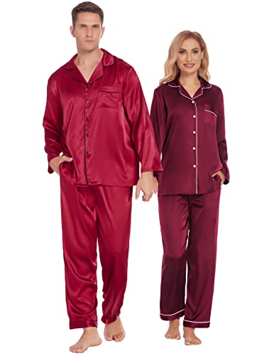 Ekouaer Couples Matching Pajamas Silk Long Sleeve Sleepwear Satin Soft Button Down Loungewear Pjs Set SXXL